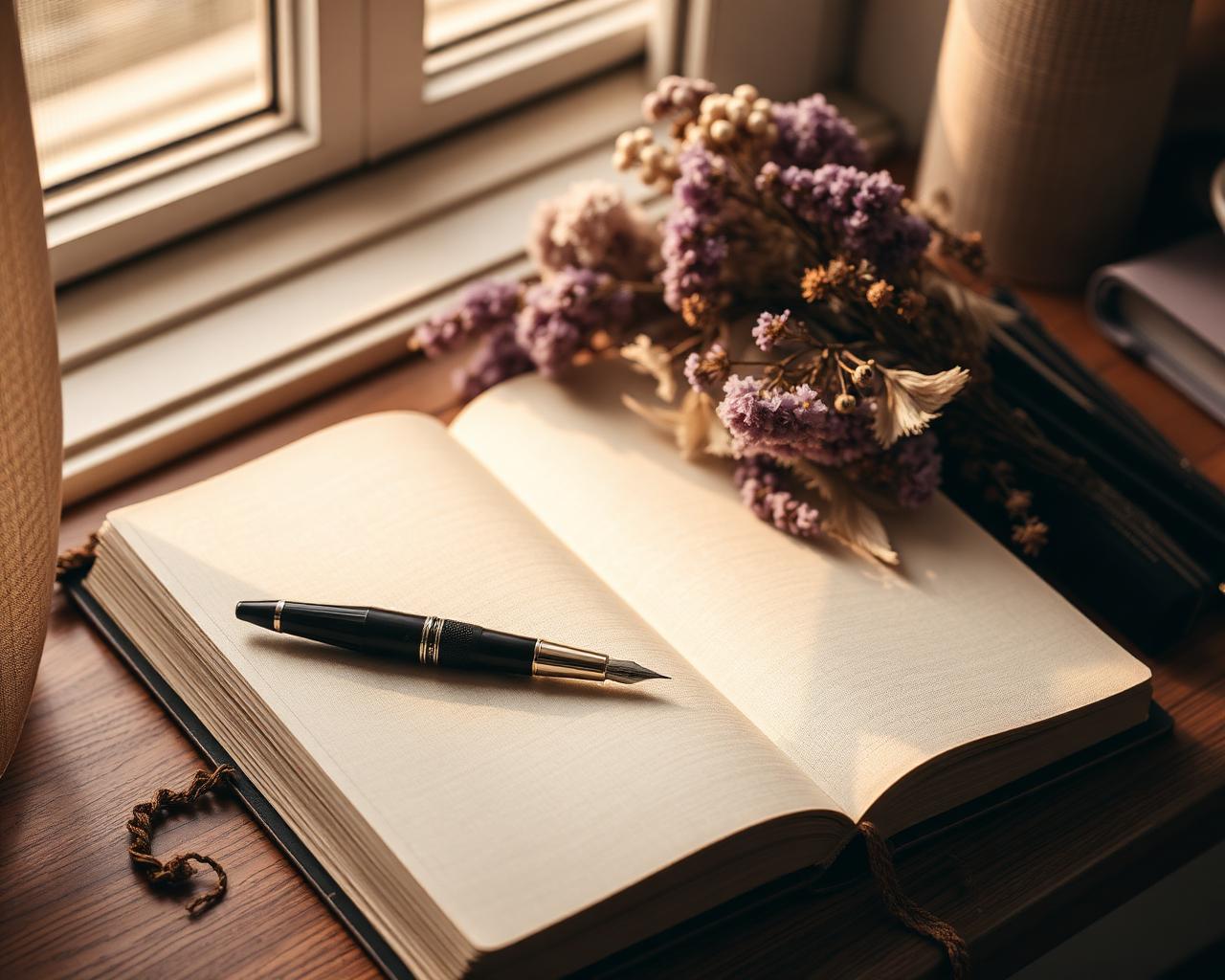 An open journal with a fountain pen beside dried lavender in soft window light