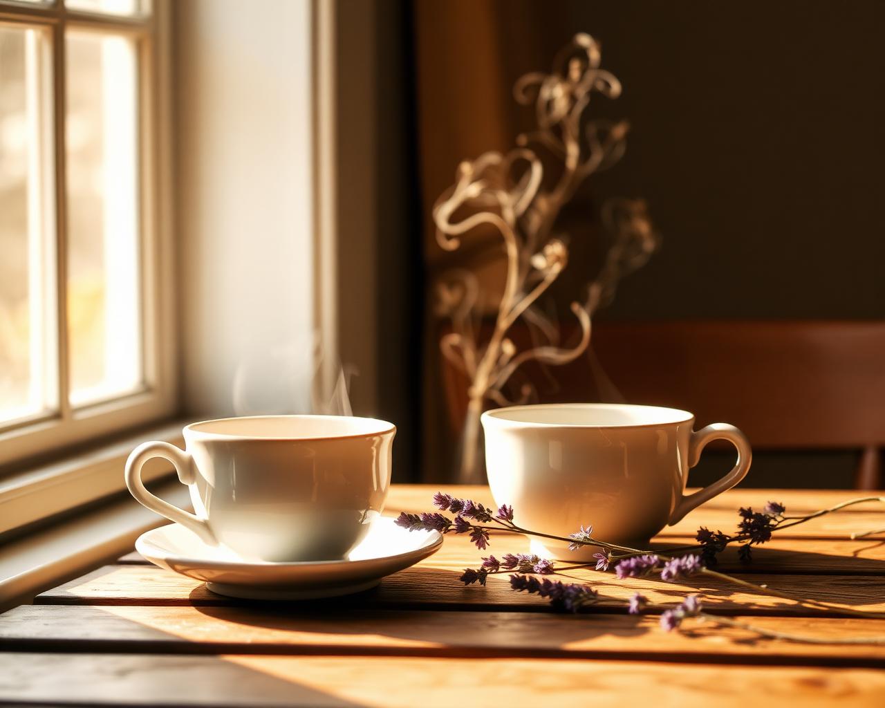 Two warm teacups by a sunlit window with dried lavender