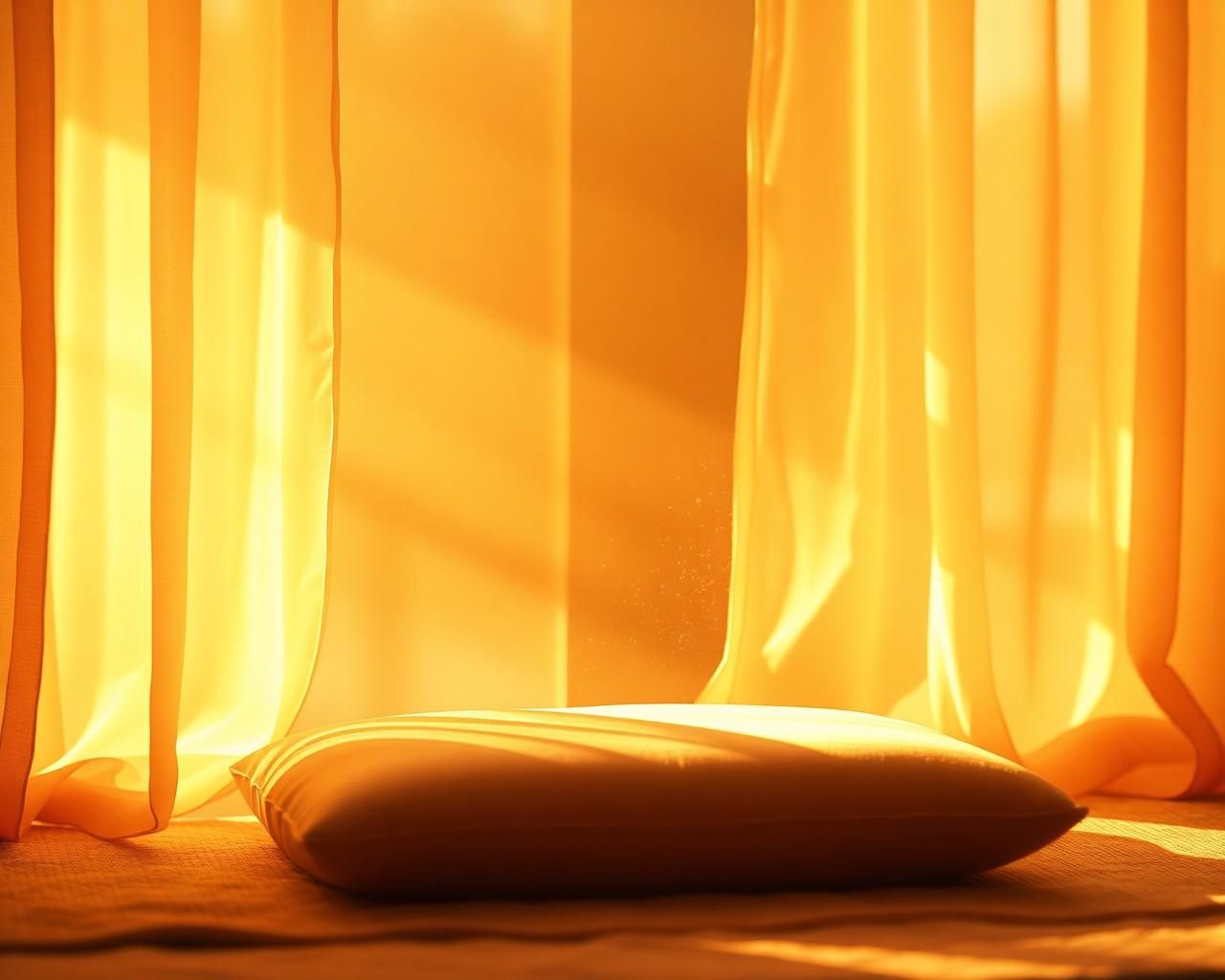Soft golden light filtering through translucent curtains onto a meditation cushion