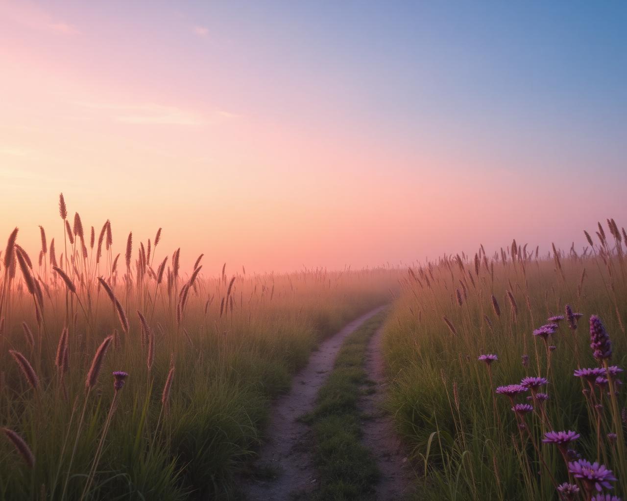 A winding path through grasses and wildflowers at warm dawn light
